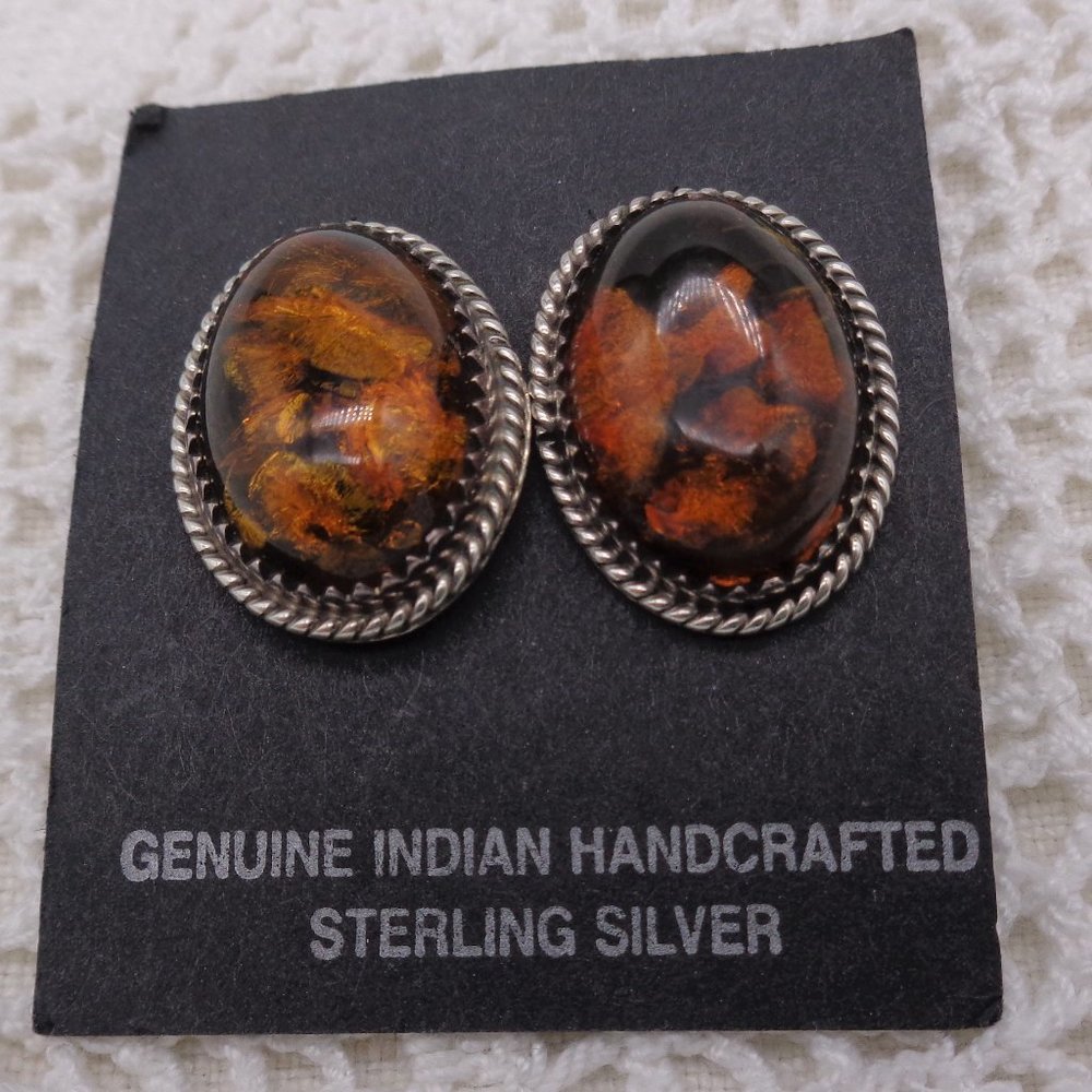 Vintage Sterling Silver & Green Amber Earrings Native American